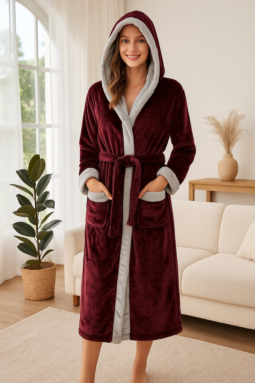 Bata de Baño con Capucha para Mujer - Felpa Gruesa con Detalles Contraste