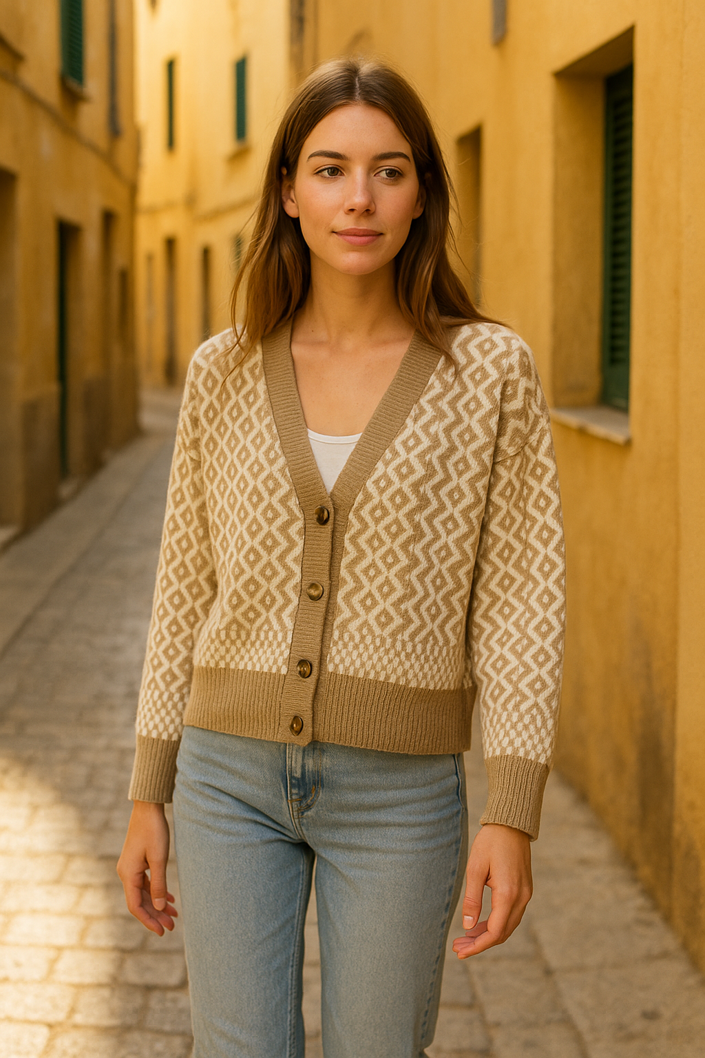 Cardigan de Ganchillo Argyle Bicolor con Cuello V