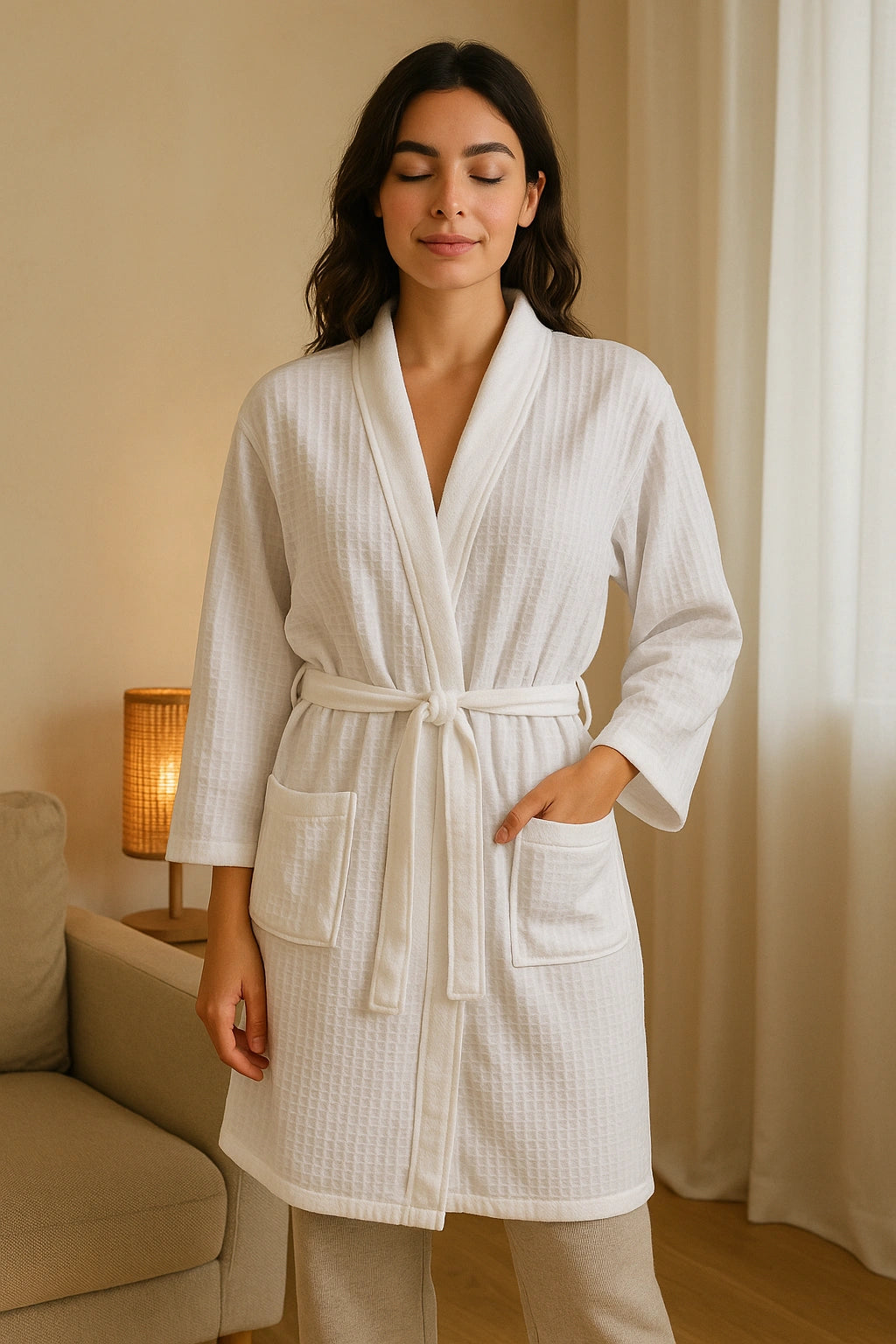 Bata de Baño de Waffle con Cinturilla - Blanco, Rosa y Lila