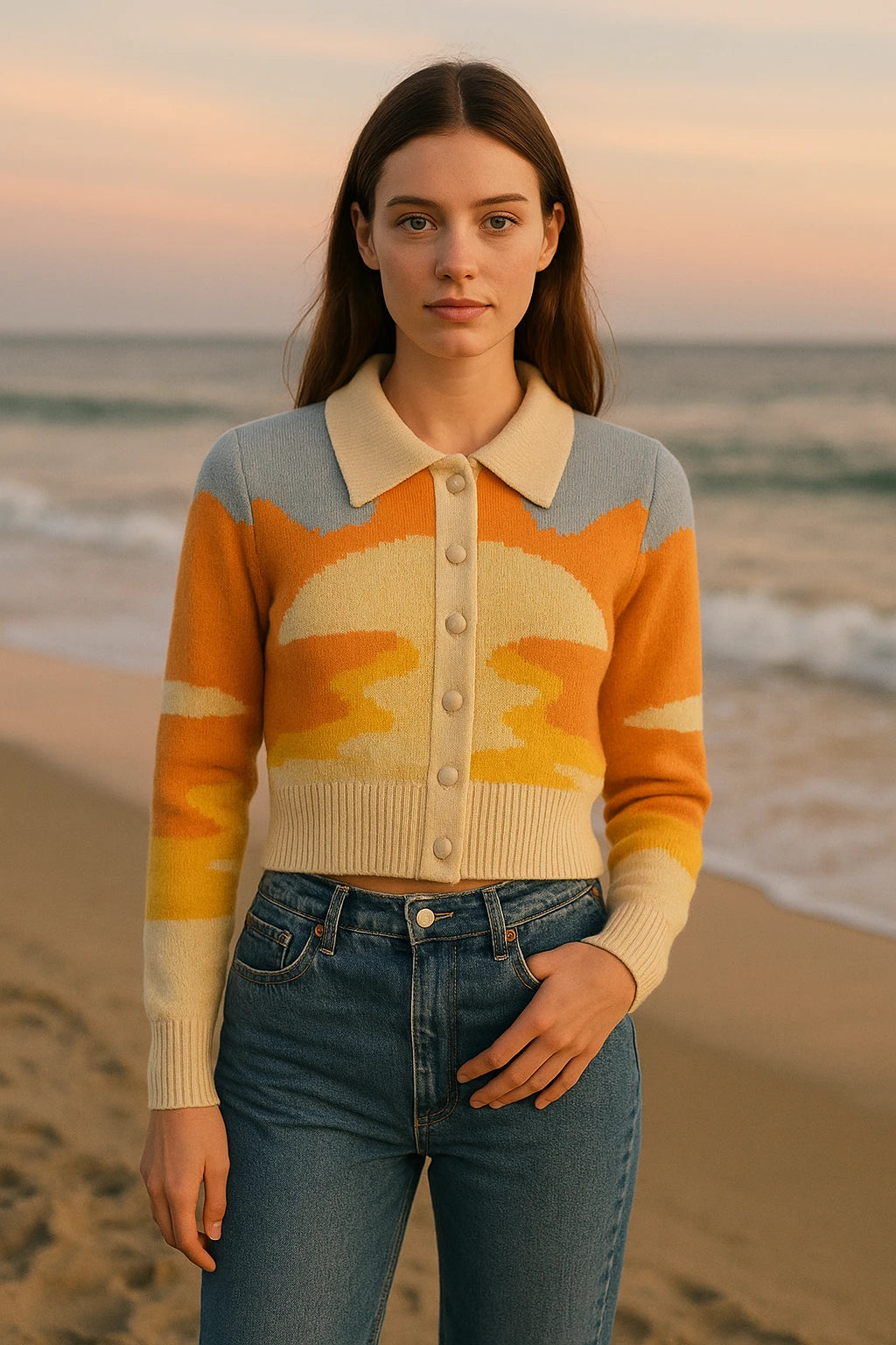 Cárdigan de Punto Cuello Peter Pan con Estampado de Atardecer