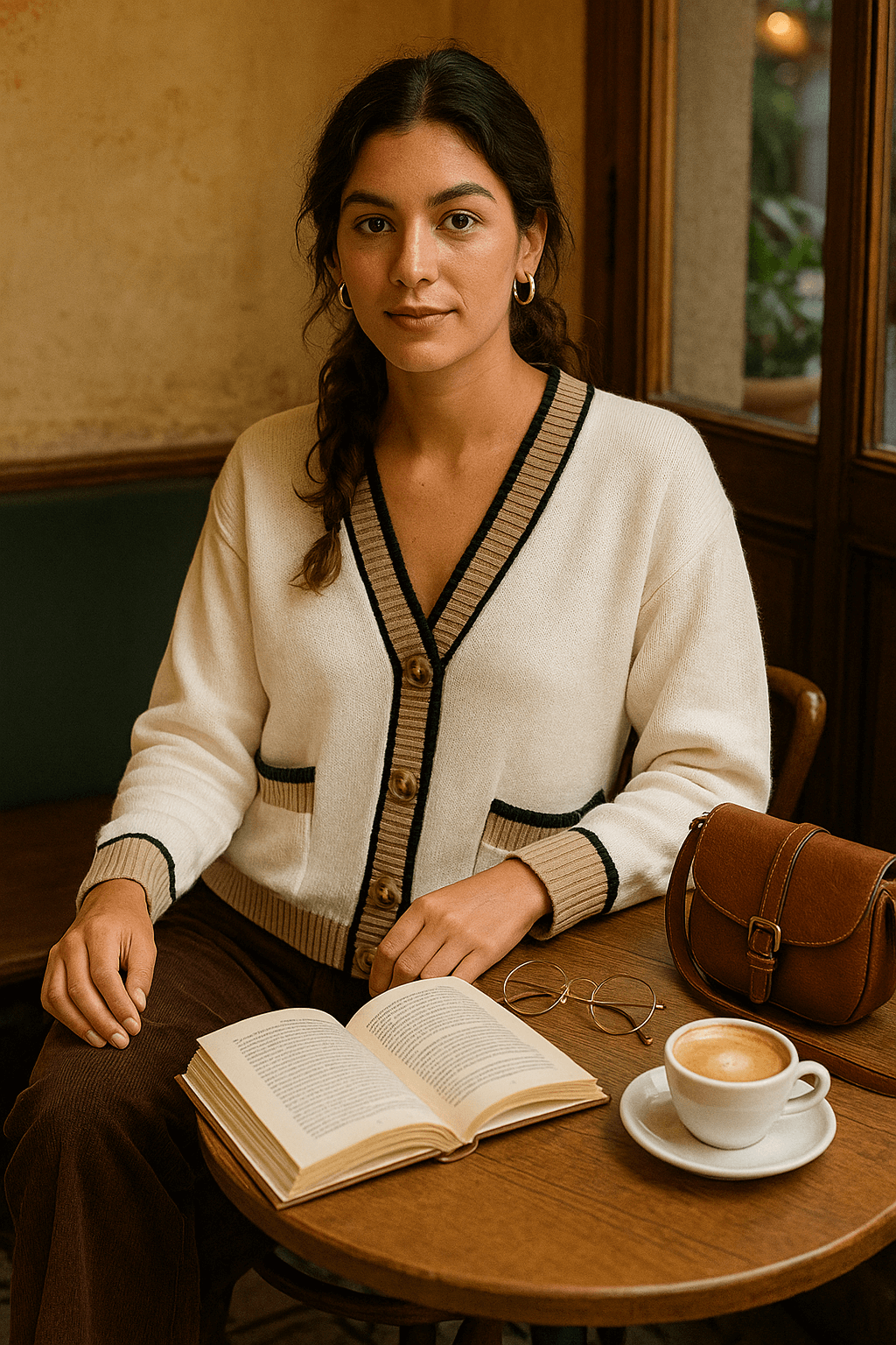 Cardigan de Ganchillo con Cuello V y Detalles Contraste