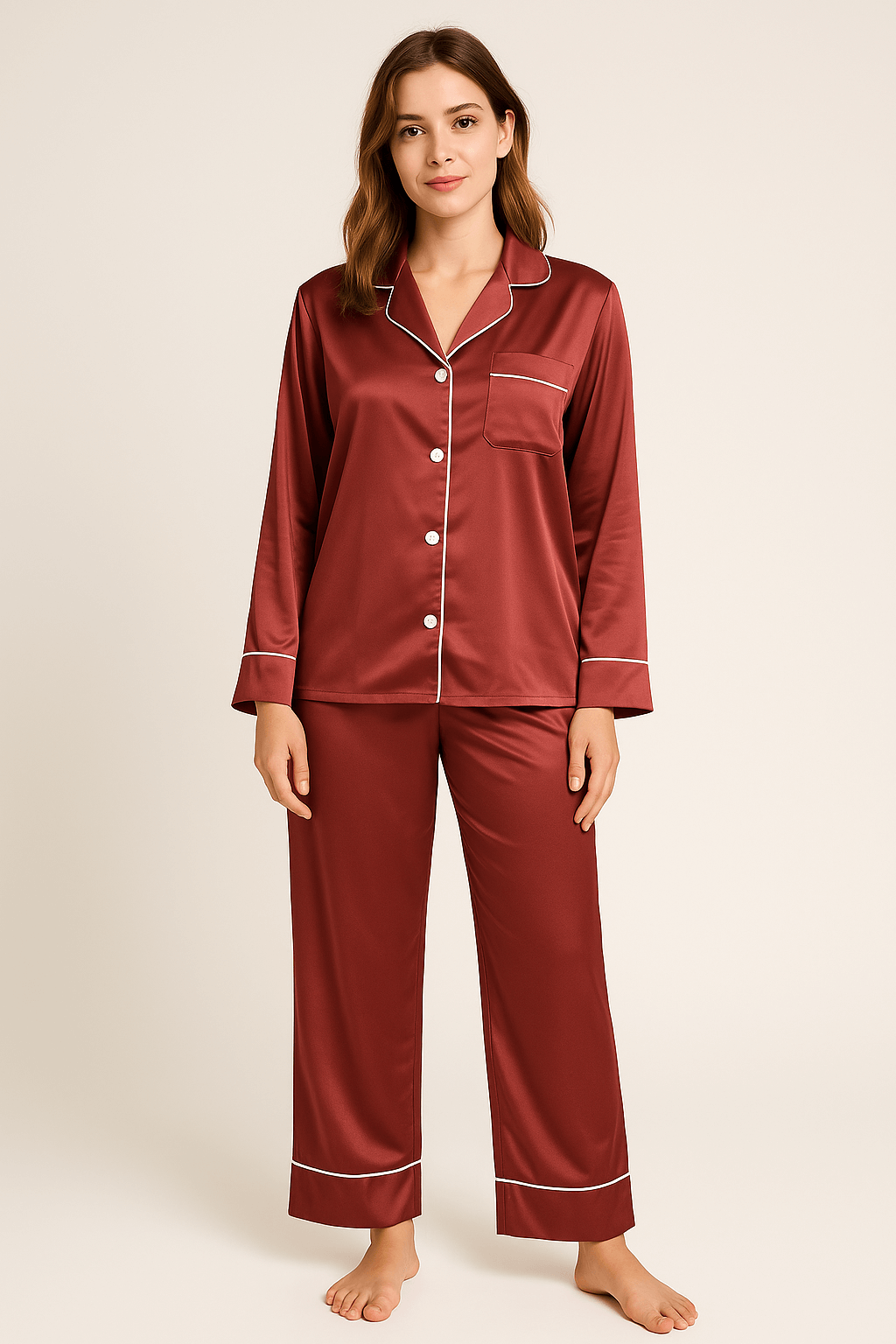 Conjunto de Pijama con Toque Lujoso y Suave - Detalles de Piping Contraste