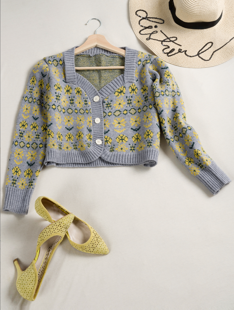 Chaqueta de Punto Corte Corto - Estampado Floral con Cuello Cuadrado