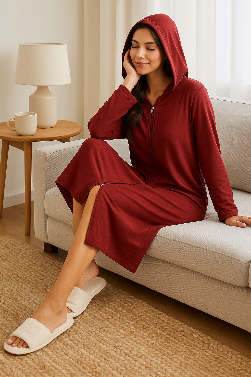 Vestido de Dormir Largo con Capucha y Cremallera para Mujer
