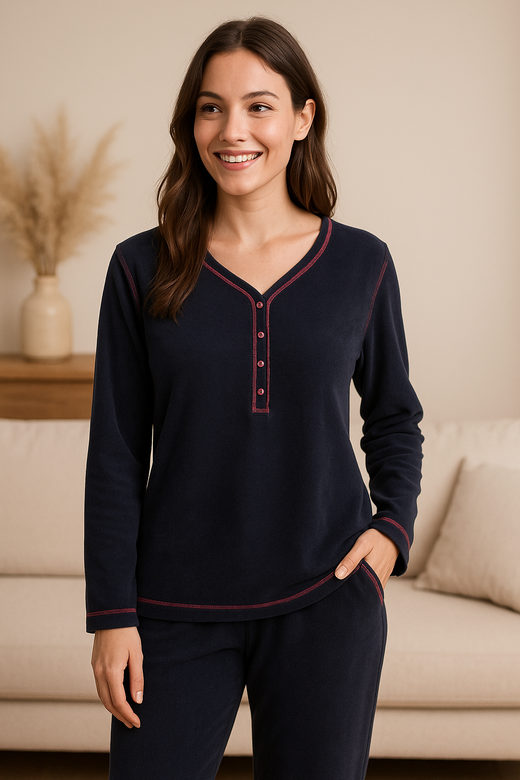 Top de Peluche de Cuello Henley de Manga Larga  - Forro Estampado