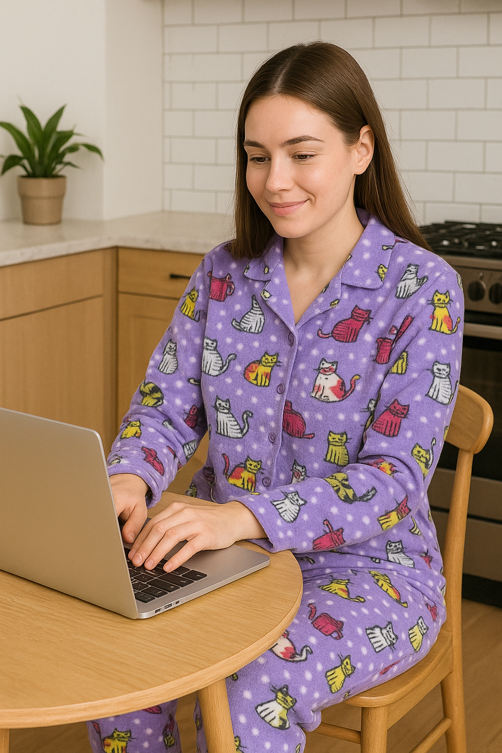Pijama de Felpa Morado con Gatos