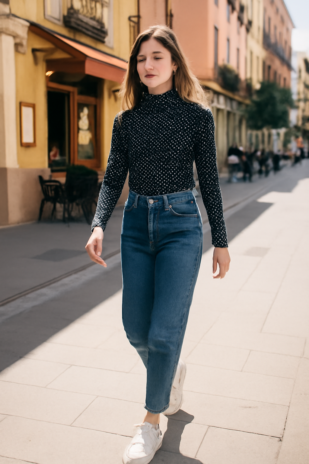 Blusa de Cuello Alto Estampado de Puntos - Top Largo Manga para Capa