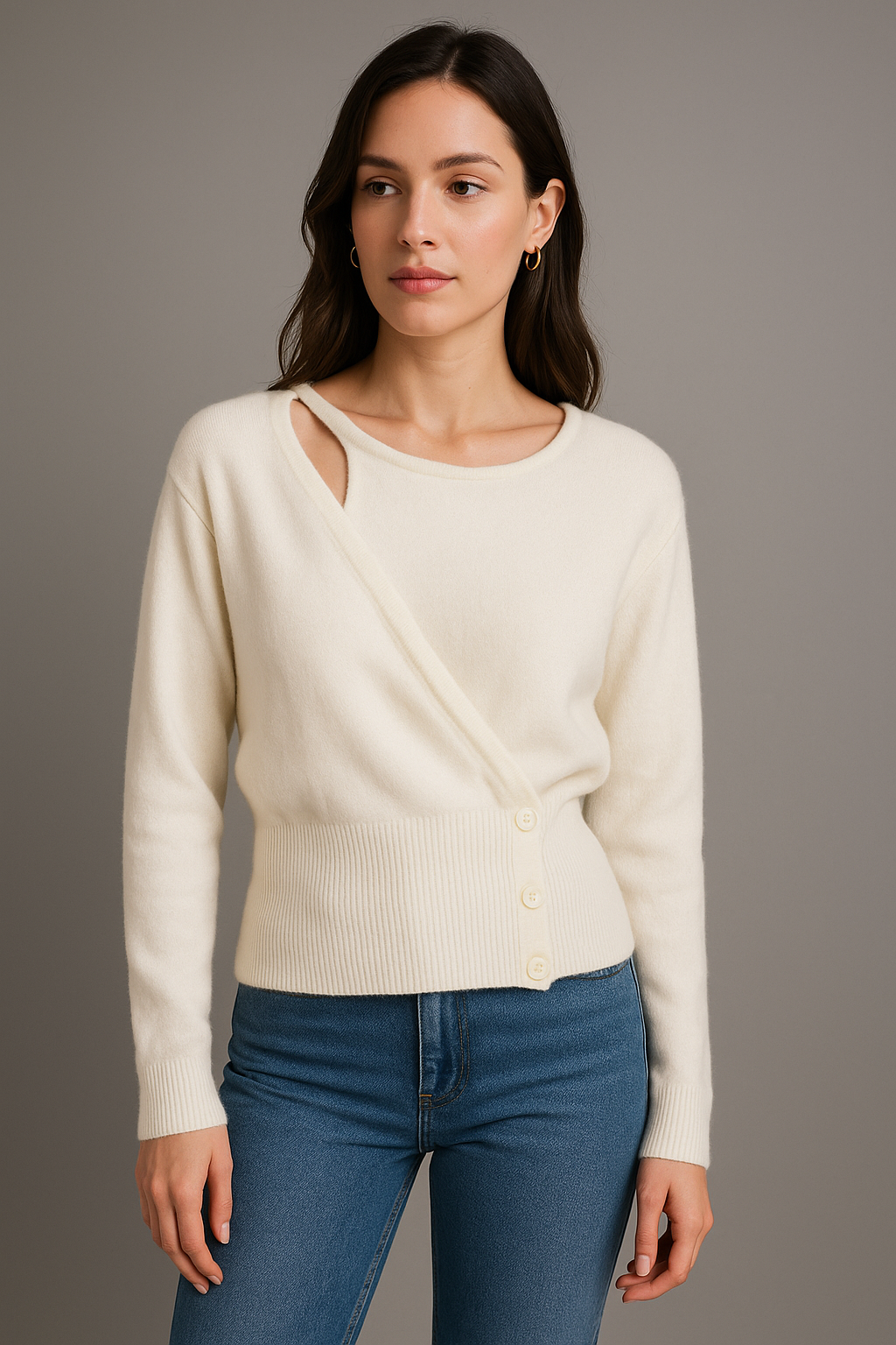 Cardigan de Manga Larga con Corte de Hombro para Mujer