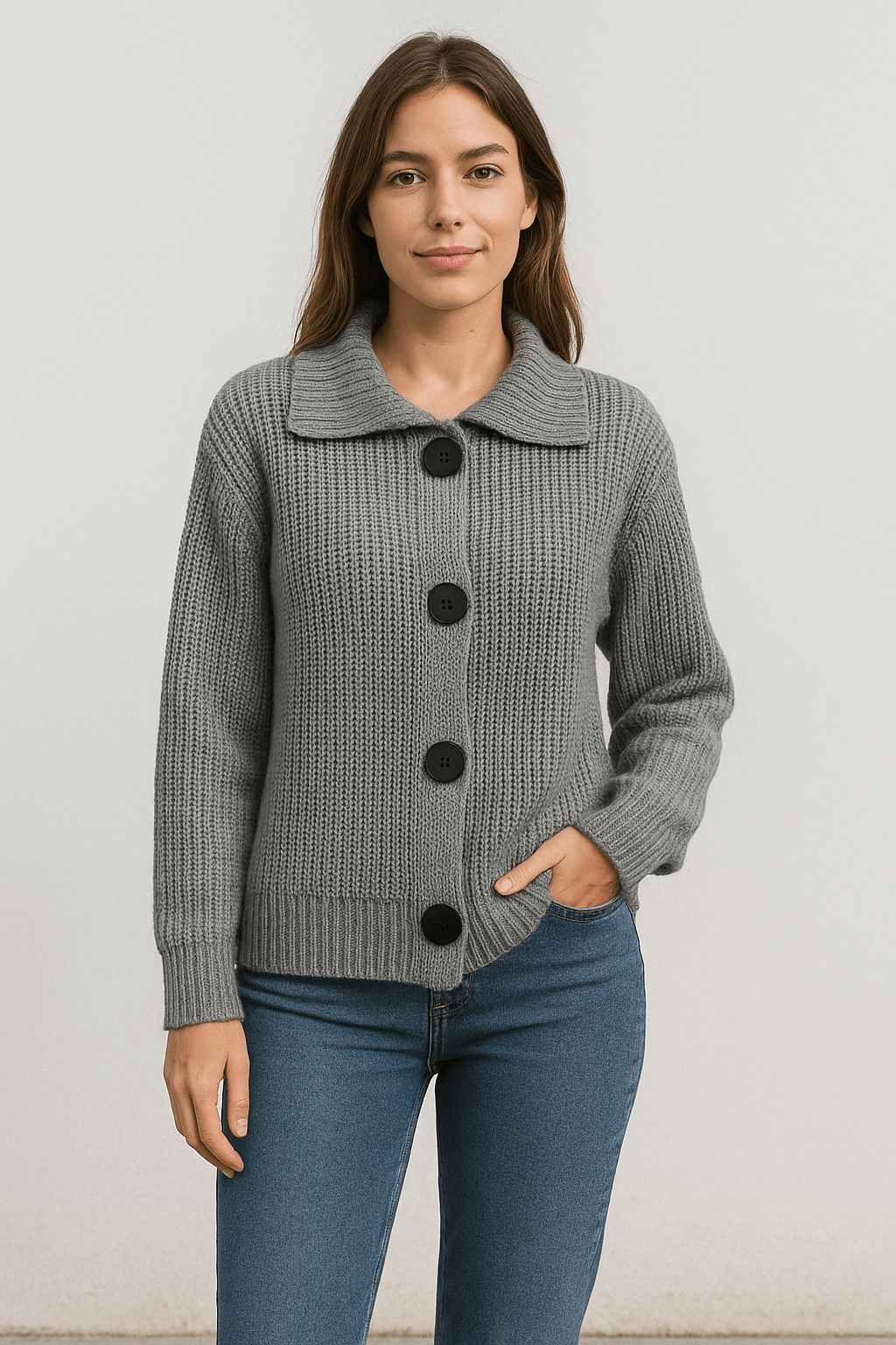 Cardigan Ganchillo con Cuello Peter Pan y Botones Grandes - Estilo Casual