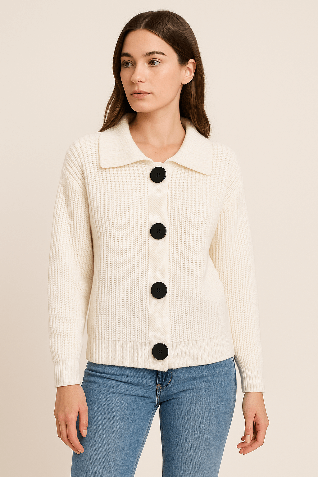 Cardigan Ganchillo con Cuello Peter Pan y Botones Grandes - Estilo Casual