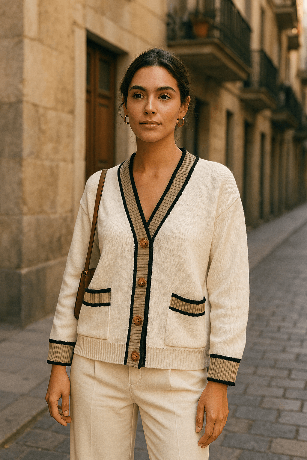 Cardigan de Ganchillo con Cuello V y Detalles Contraste